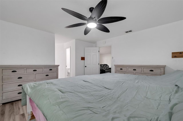 bedroom with light hardwood / wood-style floors and ceiling fan