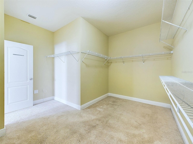 walk in closet featuring light carpet