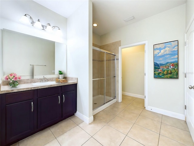 bathroom featuring tile patterned floors, vanity, and walk in shower