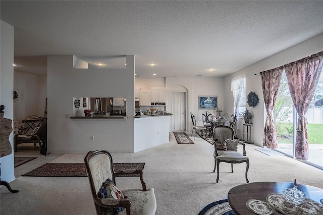 carpeted living room with a textured ceiling