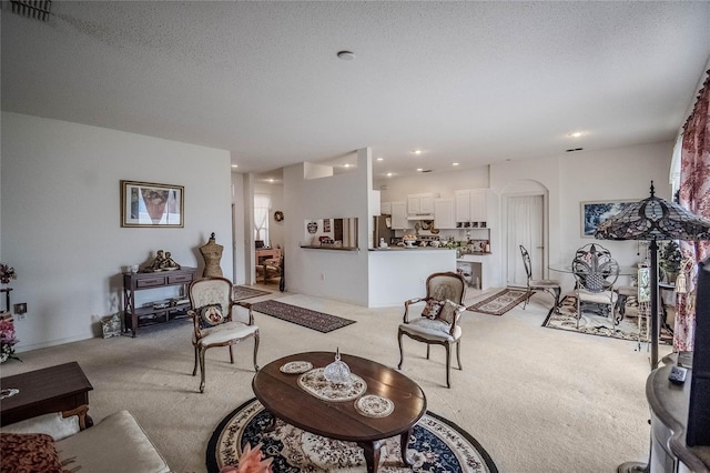 living room with light carpet and a textured ceiling