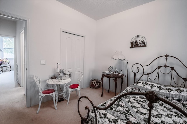 bedroom with a textured ceiling and light carpet