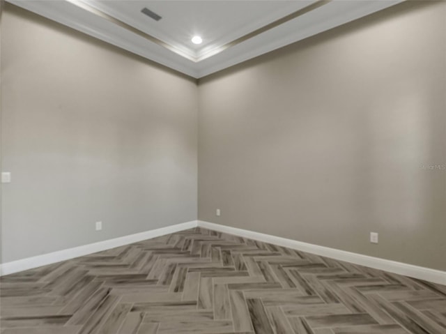 unfurnished room featuring dark parquet floors