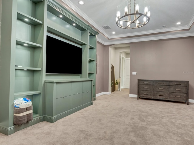 living room with light carpet, built in shelves, a chandelier, and crown molding