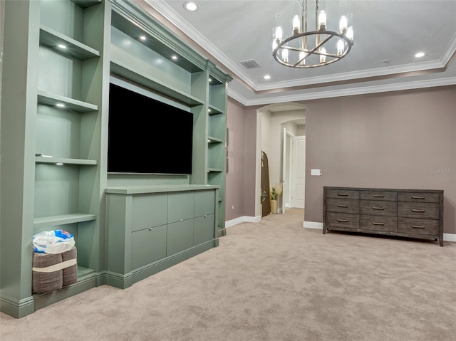 10469 Meadowrun Dr, Lithia, FL 33547 - unfurnished living room with arched walkways, carpet, a chandelier, baseboards, and built in shelves