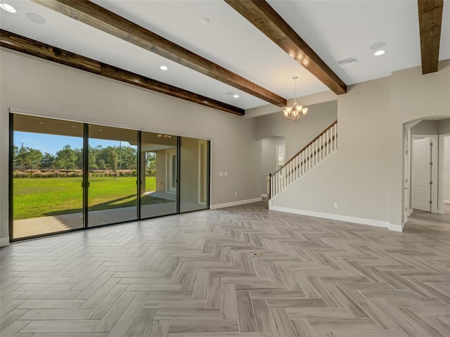 unfurnished living room featuring beam ceiling, light parquet flooring, and a notable chandelier