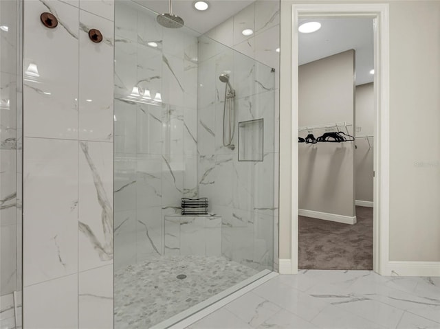 10469 Meadowrun Dr, Lithia, FL 33547 - full bathroom with marble finish floors, a marble finish shower, a walk in closet, and recessed lighting