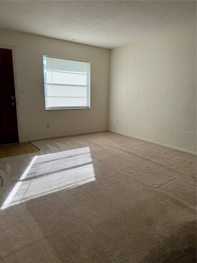 spare room featuring a textured ceiling and light colored carpet