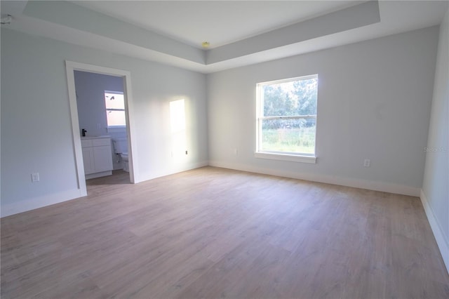 spare room featuring a tray ceiling and light hardwood / wood-style floors