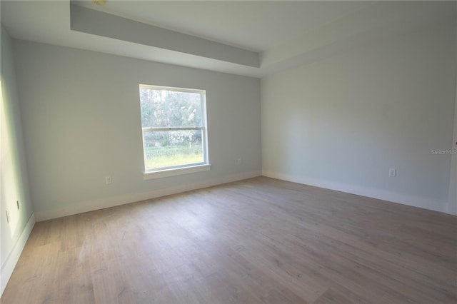 empty room with a tray ceiling and light hardwood / wood-style flooring