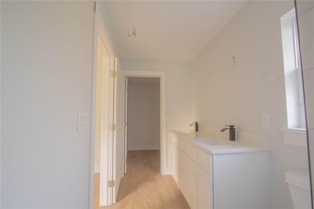 bathroom with vanity, hardwood / wood-style flooring, and toilet