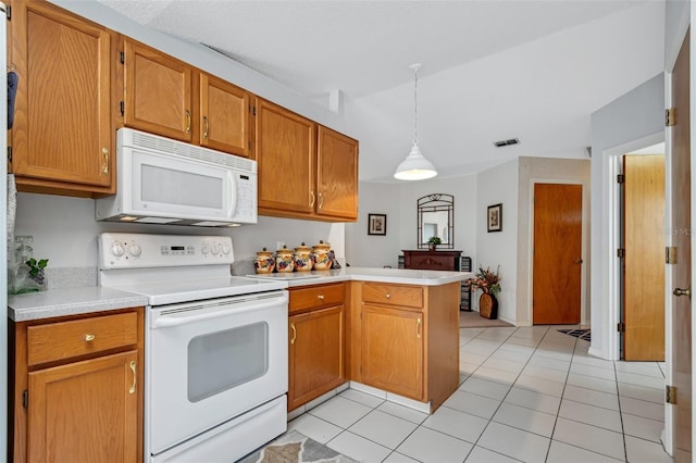 kitchen featuring kitchen peninsula, white appliances, hanging light fixtures, and light tile patterned floors