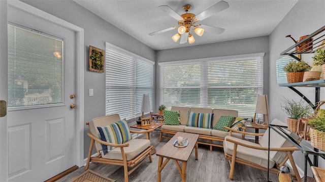 interior space featuring ceiling fan