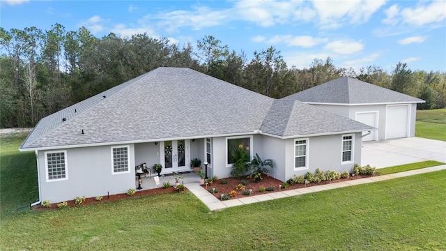 ranch-style house with french doors and a front lawn