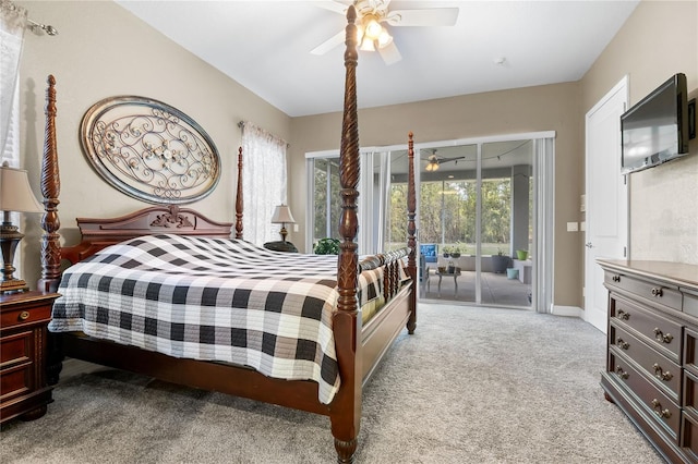 bedroom with ceiling fan, access to exterior, and light colored carpet