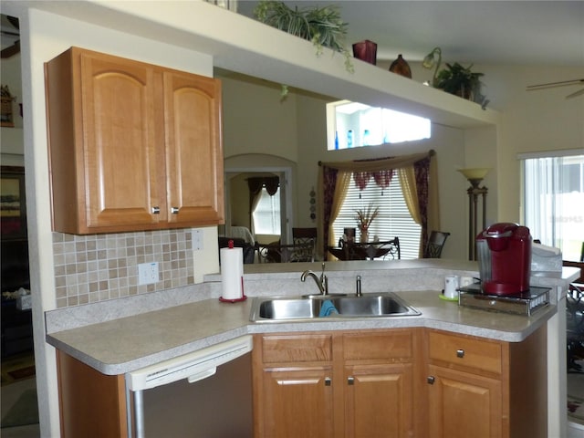 kitchen with backsplash, stainless steel dishwasher, a wealth of natural light, and sink