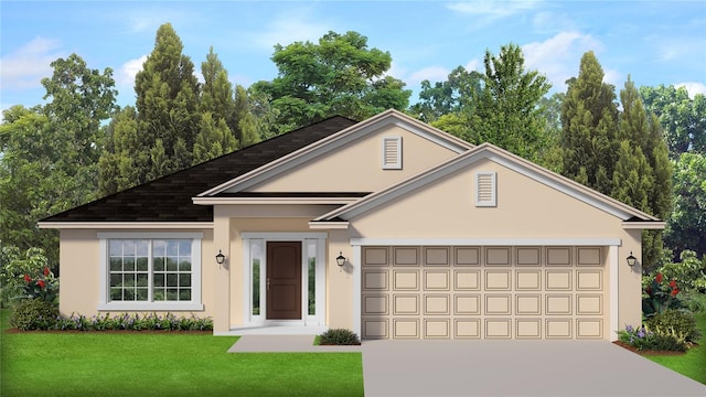 view of front of home with a front yard and a garage