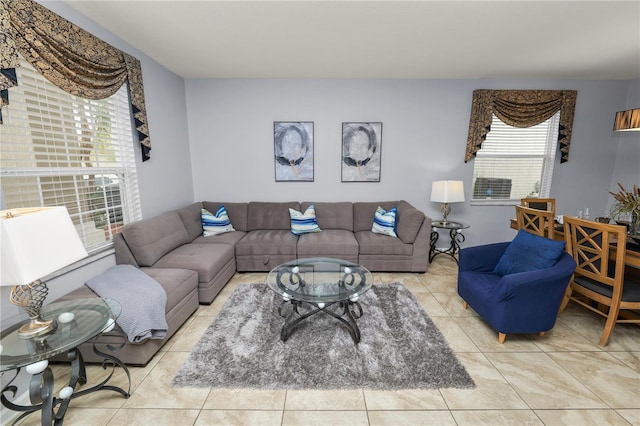 living room featuring light tile patterned flooring