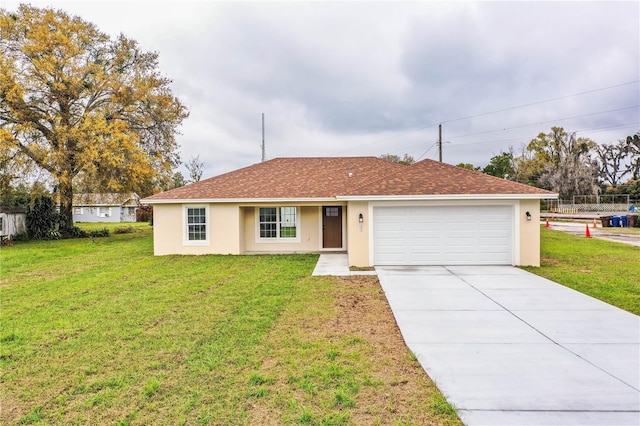 single story home featuring roof with shingles, stucco siding, a front yard, a garage, and driveway