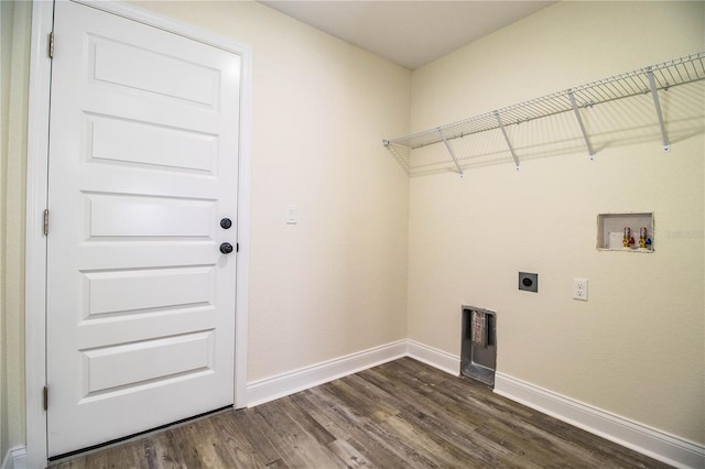 laundry area featuring laundry area, baseboards, dark wood-style floors, hookup for an electric dryer, and washer hookup