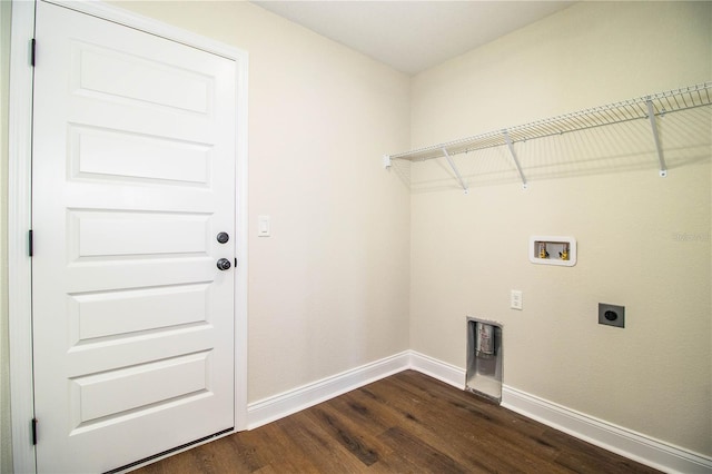 washroom with washer hookup, dark wood-type flooring, electric dryer hookup, laundry area, and baseboards