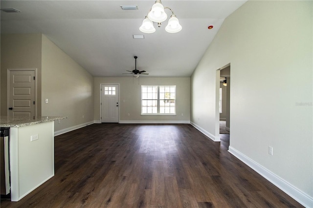 unfurnished living room with dark wood-type flooring, lofted ceiling, visible vents, and ceiling fan