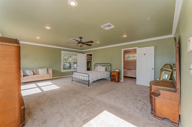 bedroom with light carpet, ceiling fan, and crown molding