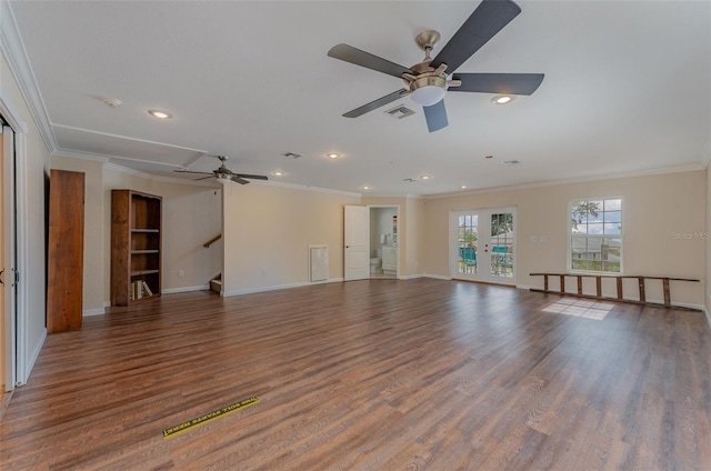 interior space featuring ornamental molding, ceiling fan, and dark wood-type flooring