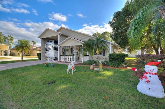 view of front facade featuring covered porch and a front yard