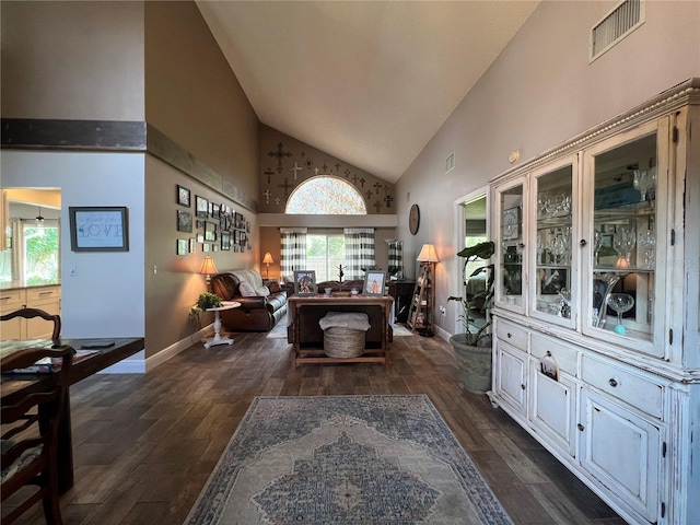 interior space with high vaulted ceiling and dark wood-type flooring