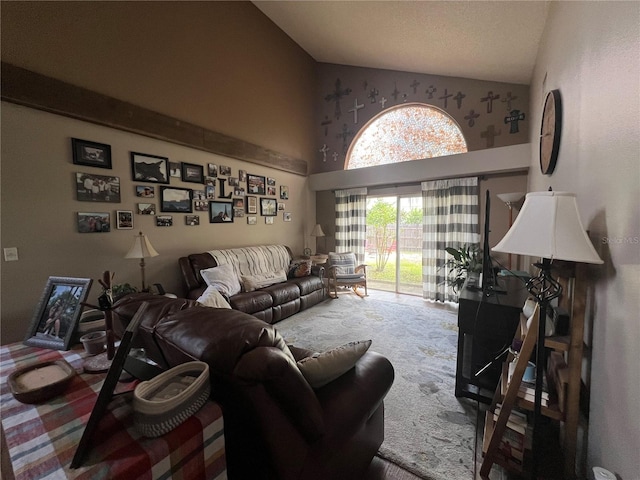 carpeted living room with high vaulted ceiling