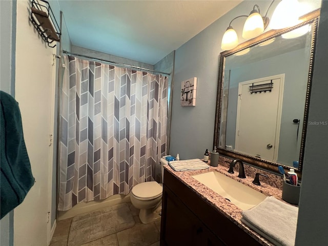 full bathroom featuring toilet, shower / bath combo with shower curtain, vanity, and tile patterned flooring