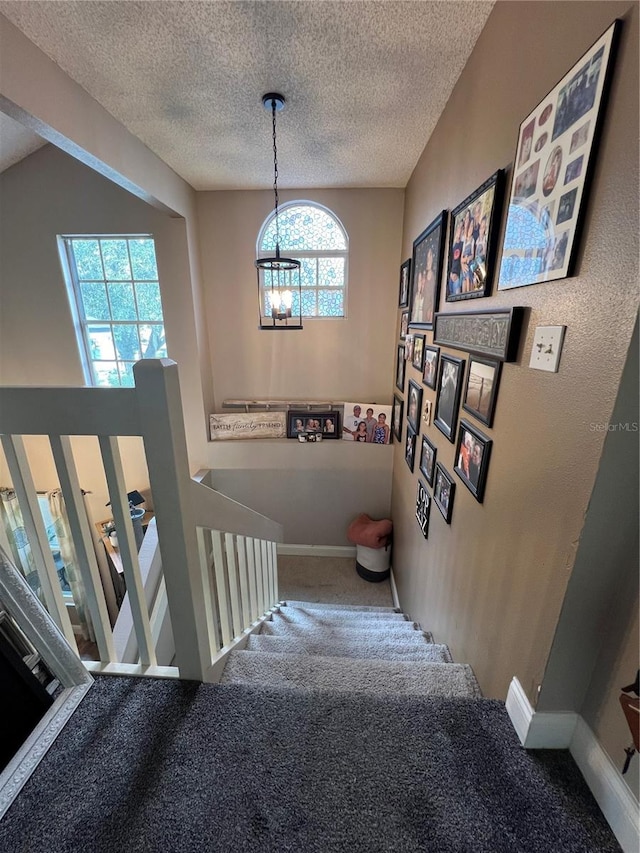 staircase featuring carpet, a healthy amount of sunlight, and a textured ceiling