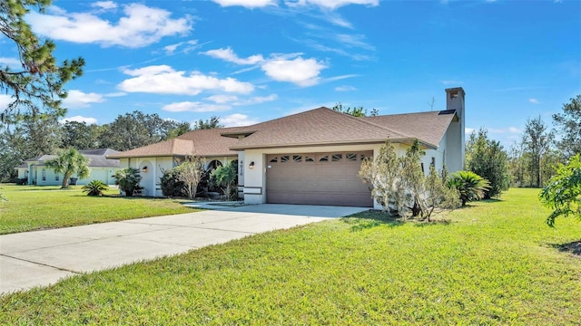 ranch-style house with a front lawn and a garage