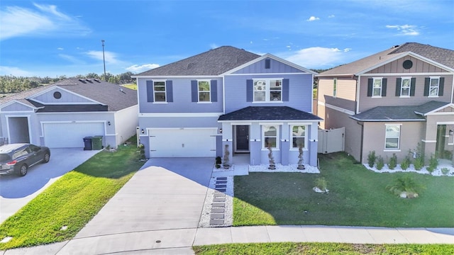 view of property with a garage and a front yard