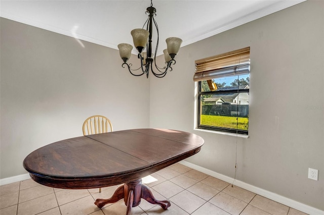 unfurnished dining area with light tile patterned floors, crown molding, and an inviting chandelier