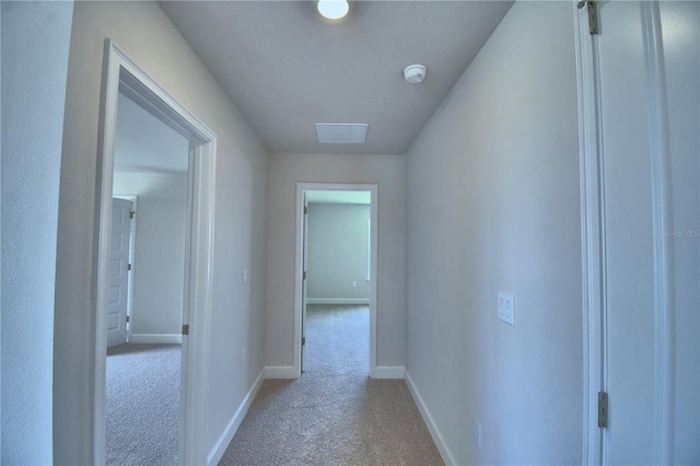 corridor with light colored carpet and baseboards