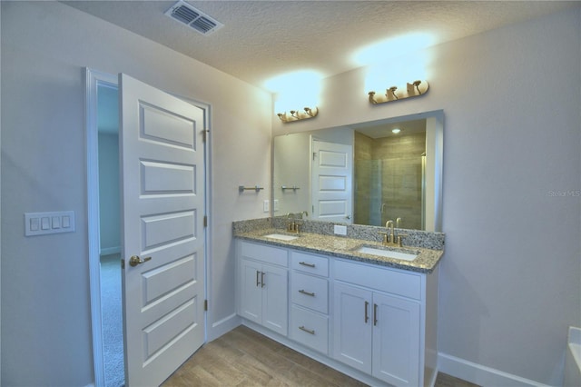 full bathroom featuring a sink, visible vents, double vanity, and a stall shower