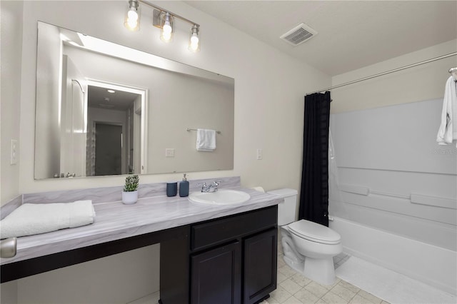 full bathroom featuring vanity, toilet, and shower / tub combo with curtain