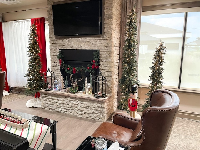 living room featuring a stone fireplace and wood-type flooring