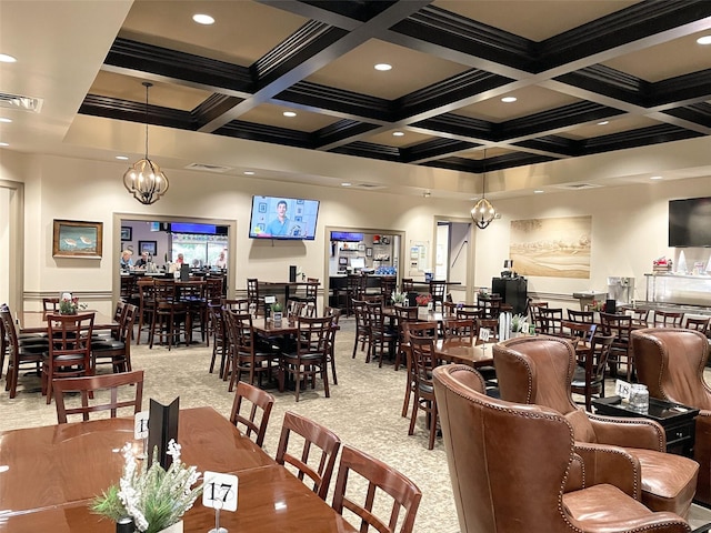 carpeted dining room featuring a notable chandelier, beam ceiling, and coffered ceiling