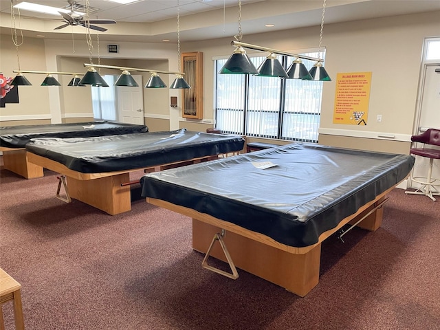 rec room with carpet flooring, ceiling fan, and billiards