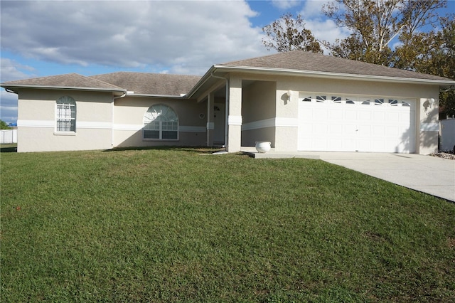 ranch-style home with a front yard and a garage