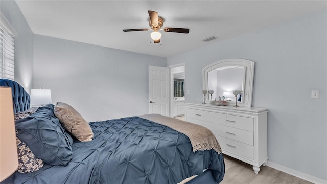 bedroom with ceiling fan and light wood-type flooring