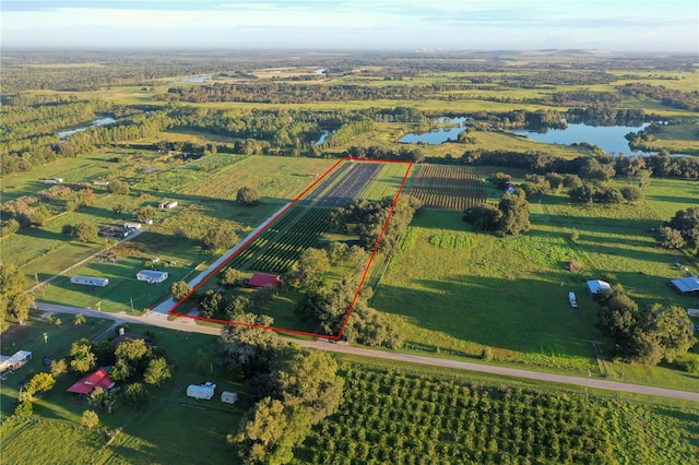 aerial view featuring a water view and a rural view