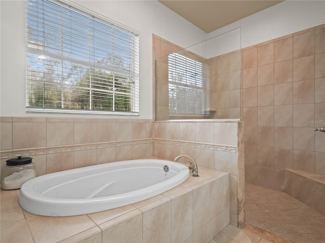 bathroom with a wealth of natural light and shower with separate bathtub