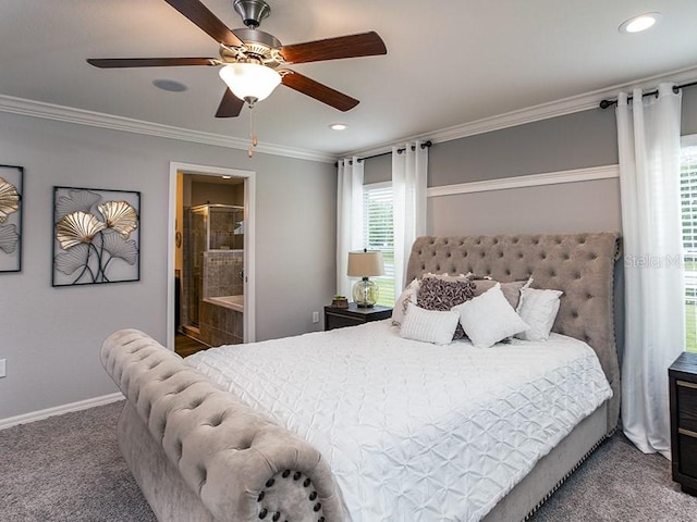 carpeted bedroom featuring ensuite bath, ceiling fan, and ornamental molding