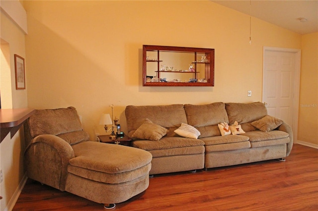 living room featuring wood-type flooring and vaulted ceiling