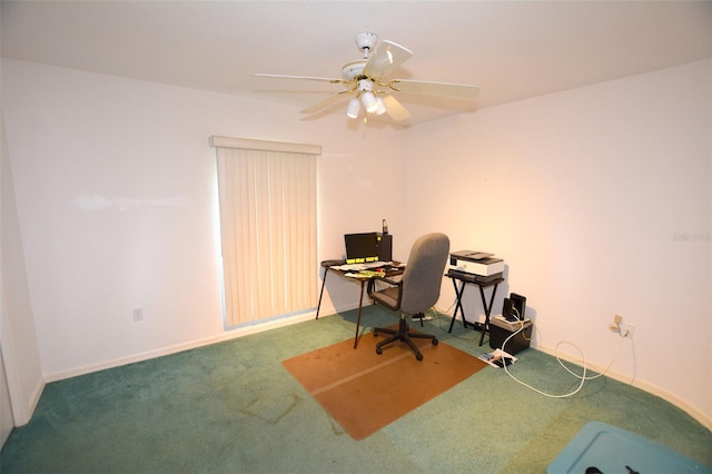 home office featuring ceiling fan and carpet floors