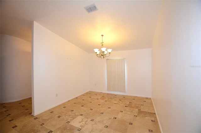 unfurnished room with lofted ceiling and a notable chandelier